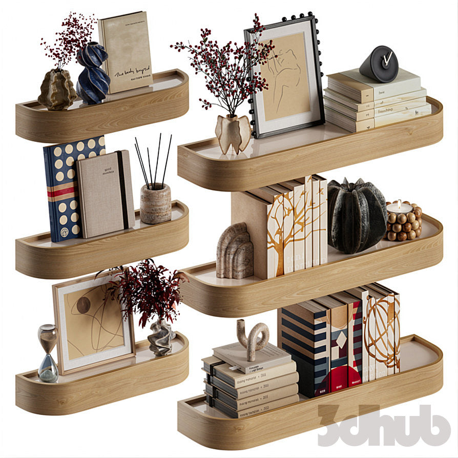 Decor Set XXX - Modern Curved Wooden Wall Shelves &amp; Book Decor Set - 3D Model