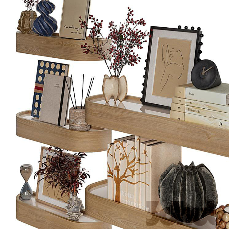 Decor Set XXX - Modern Curved Wooden Wall Shelves &amp; Book Decor Set - 3D Model
