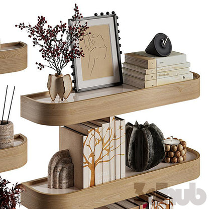 Decor Set XXX - Modern Curved Wooden Wall Shelves &amp; Book Decor Set - 3D Model