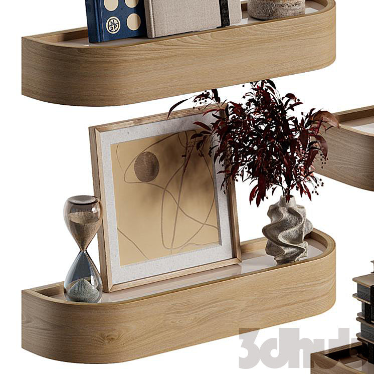 Decor Set XXX - Modern Curved Wooden Wall Shelves &amp; Book Decor Set - 3D Model