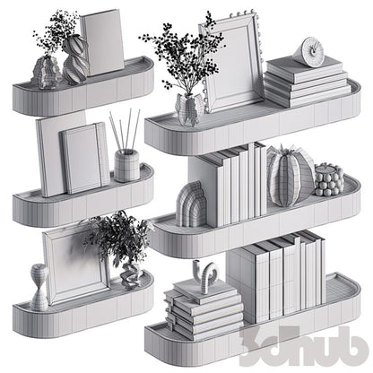 Decor Set XXX - Modern Curved Wooden Wall Shelves &amp; Book Decor Set - 3D Model
