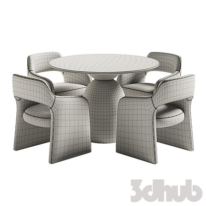 Sigrid Dining Table Fintan Chairs 3D Model Modern Solid Wood Pedestal Round Table and Boucle Armchairs Dining Set 3ds Max FBX OBJ