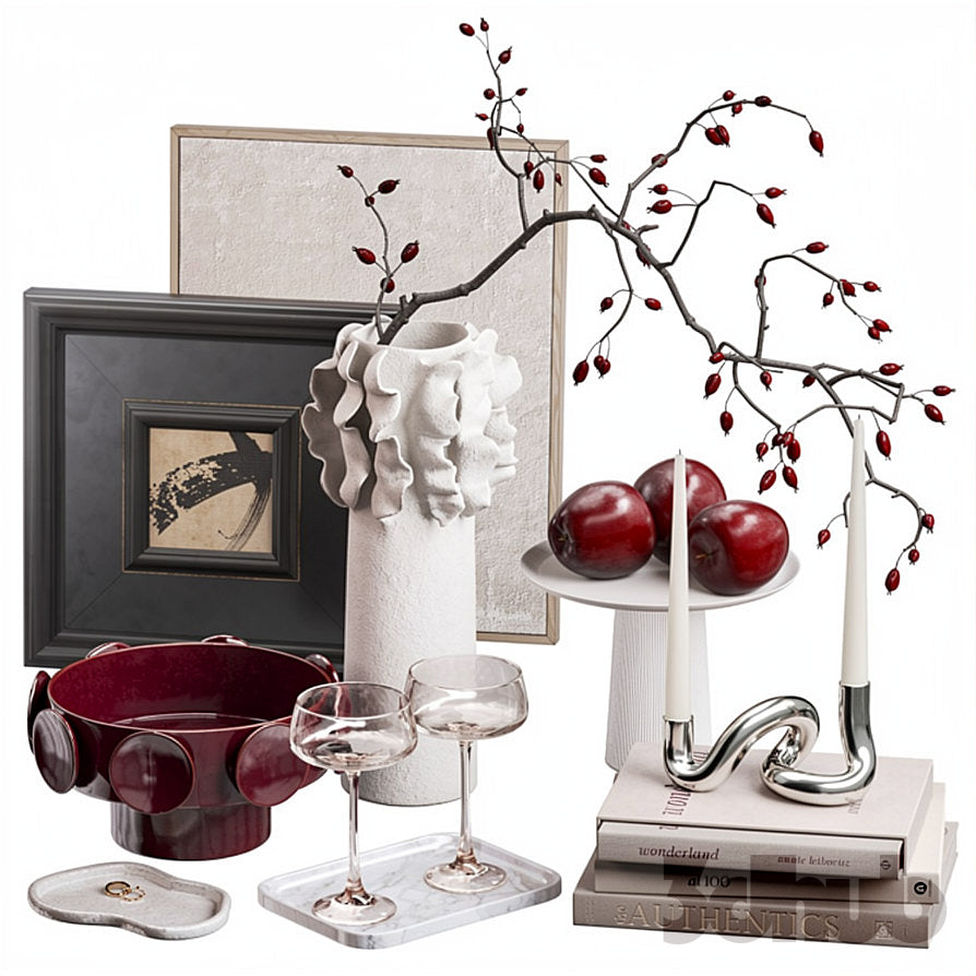 Decor Set XXX - Modern Burgundy &amp; Chrome Tabletop Art Styling Set - 3D Model