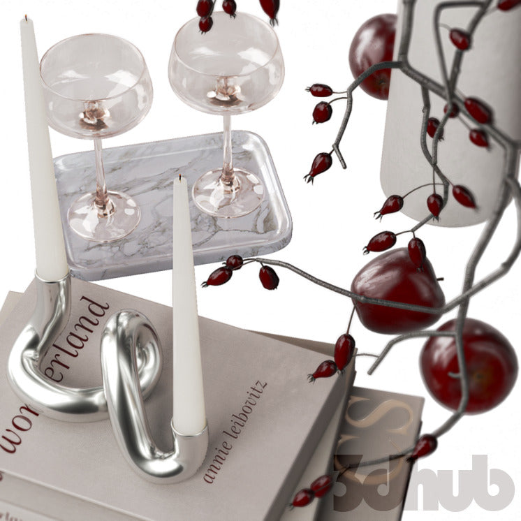 Decor Set XXX - Modern Burgundy &amp; Chrome Tabletop Art Styling Set - 3D Model
