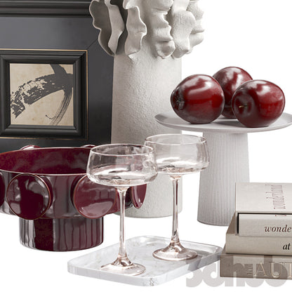 Decor Set XXX - Modern Burgundy &amp; Chrome Tabletop Art Styling Set - 3D Model